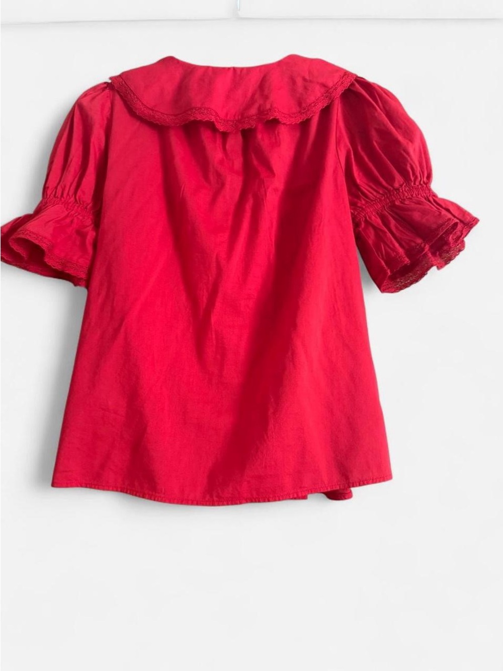 Red Ruffle-Front Puff Sleeve Blouse - Picture 5 of 7